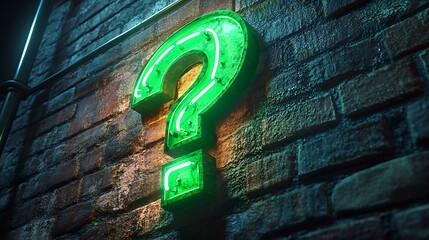 Glowing green neon question mark sign on a brick wall symbolizing curiosity and mystery
