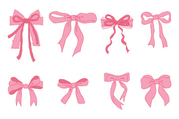 Cute coquette aesthetic pink ribbon bow collection. Isolated girly vintage elements.