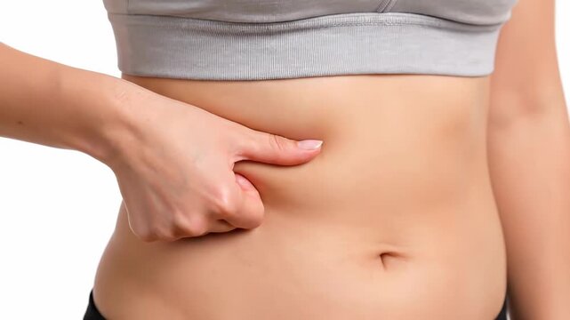 Close up of a woman's hand pinching excess body fat on her abdomen. Health and diet concept showing an overweight body on a white background