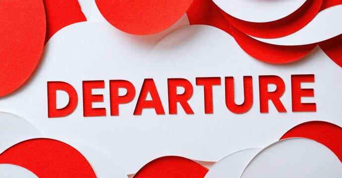 Red word departure centered on white paper. Background features curved red, white shapes. Simple design, bold lettering, flat lay style.