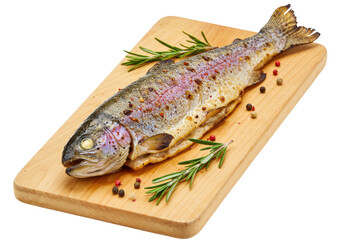 Isolated rainbow trout on wooden cutting board, served fresh and savory for a healthy meal