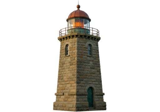 Isolated historic granite block lighthouse with a lantern room and iron railing in Maine USA