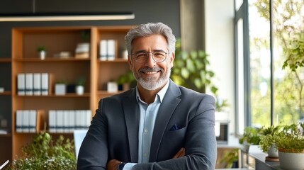 Fototapeta premium Confident Senior Businessman Smiling in a Modern Office Setting, Exuding Professionalism and Success