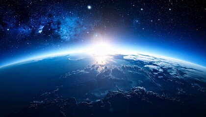 An image of Earth with a sunrise illuminating the horizon, under a starry space night