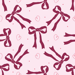 The chic and aesthetically pleasing pattern of coquette bow made of dark pink ribbon, highlighted on a pink background.