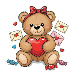 Vector art of a plush teddy holding a heart, with gifts and chocolates around.