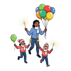 Cheerful New Year scene in vector art, showing kids and a grown-up enjoying the night with sparklers. and ballons