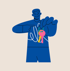 Man holding key in hands. Colorful vector illustration