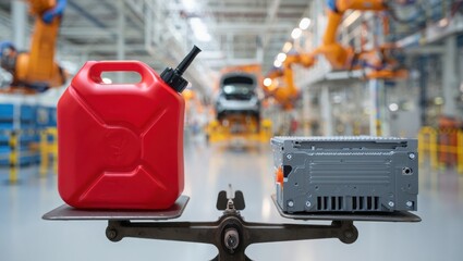 Vintage Mechanical Scale Weighs Fuel Container And Car Stereo In Modern Automotive Factory Setting