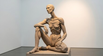 A seated skinny nude sculpture atop a base in a stark whitewalled room