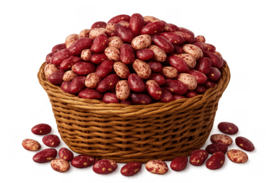 Basket of fresh dry raw pinto and kidney beans with an abundance of legumes spilling over, transparent background