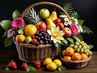 Beautiful fruit basket overflowing with fresh produce and flowers
