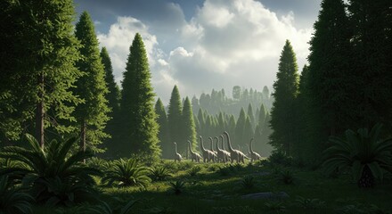 A herd of Brachiosaurus dinosaurs walking through a lush prehistoric forest scene