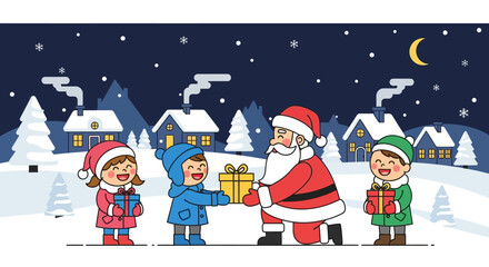 Santa Claus character giving Christmas presents to happy kids in a snowy winter village on a festive night