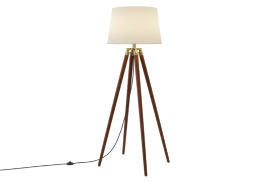 Isolated contemporary tripod floor lamp with drum shade on neutral background, interior lighting