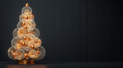 Elegant Christmas Tree with Golden Ornaments on Dark Background