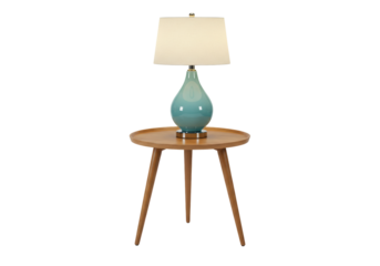 Isolated teal table lamp on wooden side table, home decor studio shot, interior design