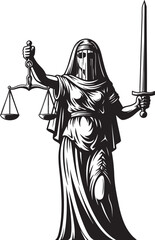 A striking black and white illustration of a veiled Lady Justice holding the scales of justice and a sword.