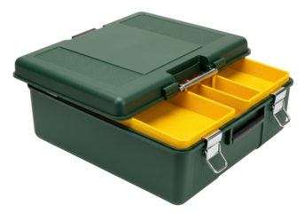 Isolated Green and Yellow Toolbox for Storage of Tools and Supplies in Home or Garage Shop