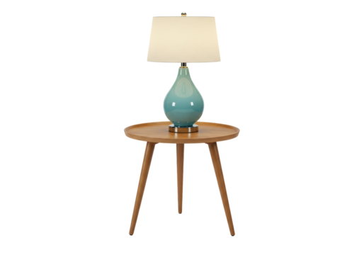 Isolated teal table lamp on wooden side table, home decor studio shot, interior design