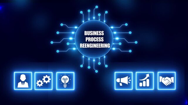 Business Process Reengineering concept with glowing icons and circuit board effect on dark blue background