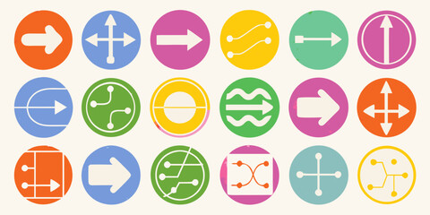 Collection of colorful circular icons featuring various directional arrows and network symbols
