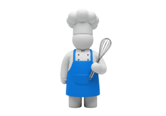 Isolated chef character figurine wearing an apron holding a whisk ready to start baking