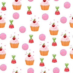 Seamless pattern with cake, strawberry candy, and caramel Pattern for packaging confectionery and other Vector illustration