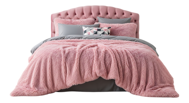 Plush pink bedding set with a tufted headboard and fluffy comforter isolated on transparent background - Powered by Adobe