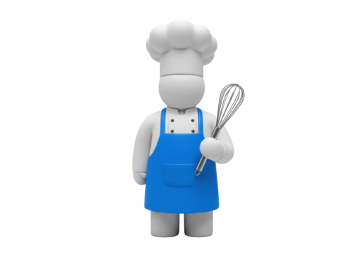 Isolated chef character figurine wearing an apron holding a whisk ready to start baking