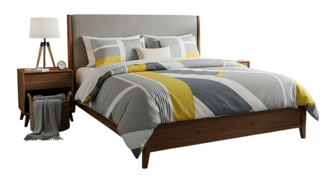 Modern wooden bed frame with geometric patterned bedding and a nightstand isolated on transparent background