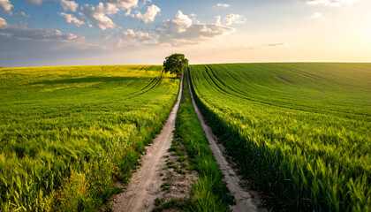 Farmer&rsquo;s field path between two green crops, peaceful rural background