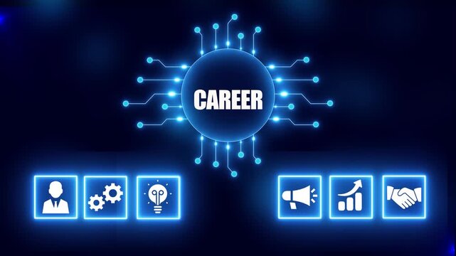Career concept with glowing icons and circuit board effect on dark blue background profession employment