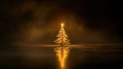 Golden Christmas Tree with Reflection in Dark Background