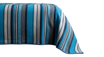 Vibrant striped bedding with a bold blue, grey, and white pattern isolated on transparent background