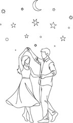 Elegant black and white line drawing of a young couple romantically dancing under the moon and stars.