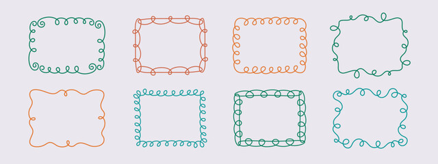 Rectangular doodle frame stamp, hand-drawn wavy curly engagement monograms. Edgings and cadres with simple sketchy scribble swirl design photo decoration old-fashioned greeting elements. Isolated. 