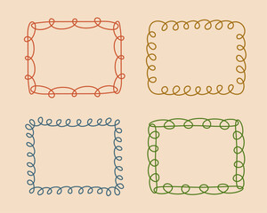 Rectangular doodle frame stamp, hand-drawn wavy curly engagement monograms. Edgings and cadres with simple sketchy scribble swirl design photo decoration old-fashioned greeting elements. Isolated. 