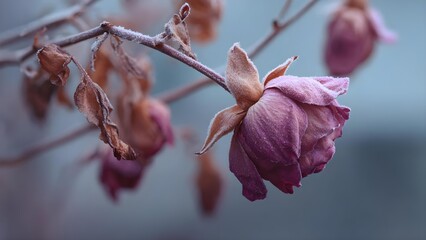 Frost-covered pink flower bud on a bare branch with a cool blue background. Concept Frost-covered pink flower bud, Bare branch winter scene, Cool blue background, Winter floral close-up