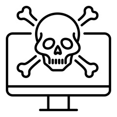 Cyber attack line icon, depicting a skull on a computer screen. Symbolizes hacking, malware, digital threat, and cybersecurity risks.