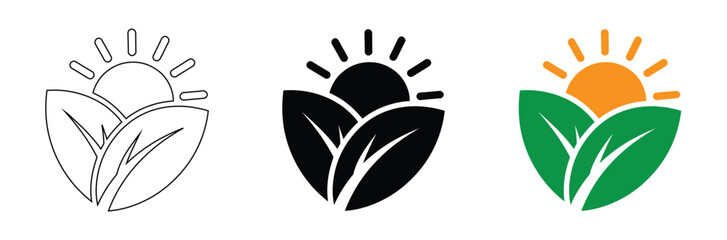Agriculture logo design. Set of icon. Agronomy logo with plants on a fields on white background. Vector illustration.Eco sun logo design, plant and sun growth in three styles,editable stroke icons,
