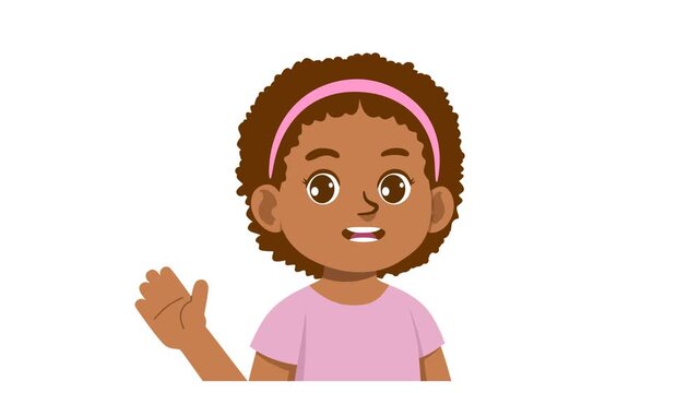animation 4K of little African girl with curly hair, smiling and greeting in a friendly manner