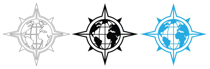 compass with a world logo,The Simple Global Compass Logo,Nautical compass rose globe icon set in black blue outline, editable stroke icons,