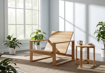 Modern wooden lounge chair with side table and plants in bright sunlit room
