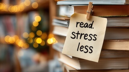 christmas Read stress less message on stacked books with festive bokeh lights.