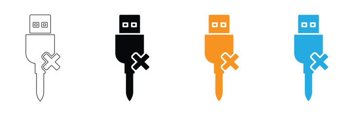 Usb icon logo design. Flash disk sign and symbol. flash drive sign. usb charging,Usb icon set. Flash disk icon,Disconnected USB drive with x mark for error or removal,editable stroke icons,