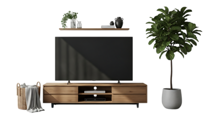 Modern wooden tv stand with a large flat screen television, isolated on transparent background