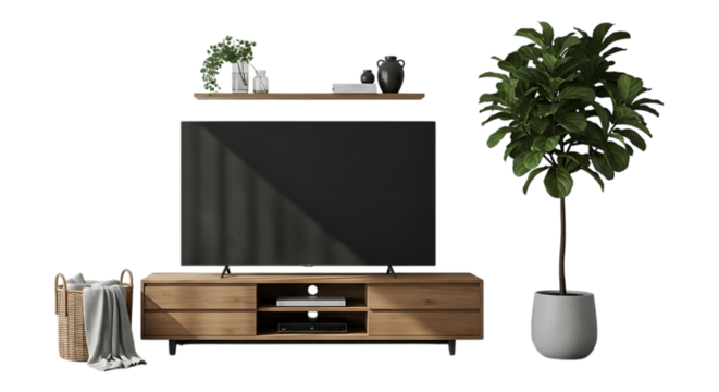 Modern wooden tv stand with a large flat screen television, isolated on transparent background