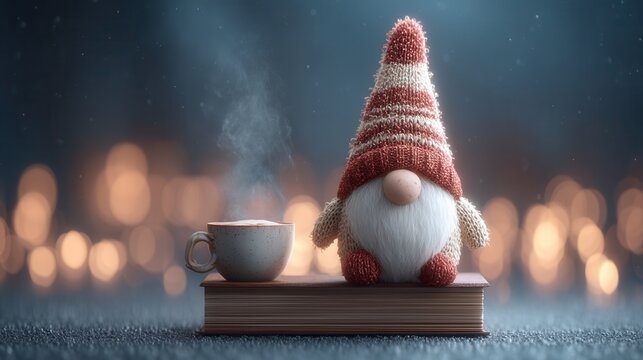 christmas Whimsical gnome with a cup, cozy atmosphere, and soft bokeh lights.