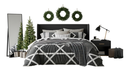 Cozy bedroom decorated for christmas with trees and wreaths isolated on transparent background